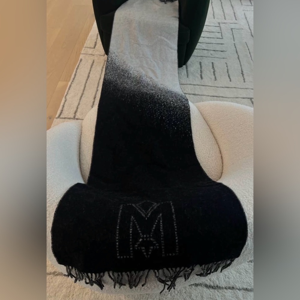 Mackage Black and Cream Logo Fringe Wool Scarf - Picture 3 of 4